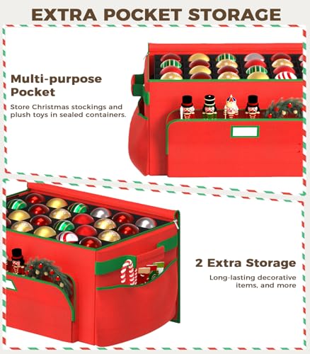Large Christmas Ornament Storage Box with 72 Compartments, Durable 600D Fabric, Portable with Pockets