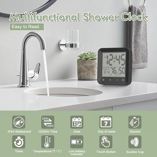 Waterproof Digital Shower Clock with Timer, Temperature, and Suction Cup