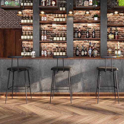 Industrial Matte Black Bar Stools with PU Cushioned Seat - Set of 2
