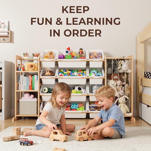 Wooden Kids Toy Storage Organizer with Bookshelf & 12 Removable Bins