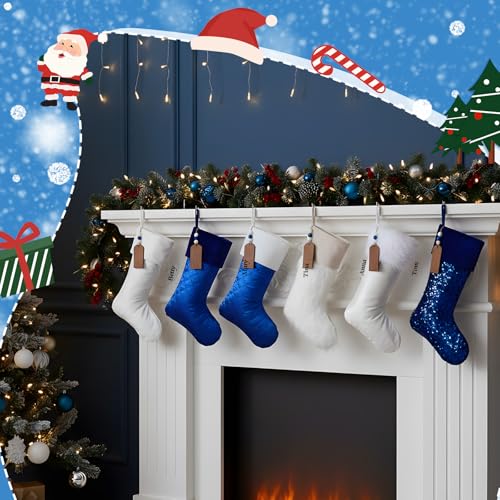Blue Christmas Stockings 6-Pack with 6 Wooden Name Tags - MiniInflat