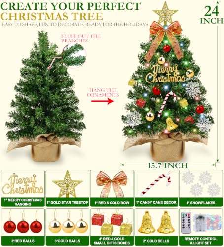 TURNMEON 2ft Tabletop Christmas Tree with Lights, Burlap Base, 24" Mini Xmas Tree