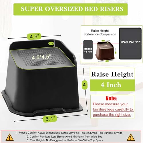 Heavy Duty 4 Inch Bed & Furniture Risers, Supports 6000 lbs - 4 Pack