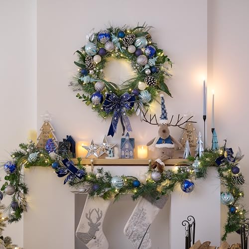 Valery Madelyn 30-Inch Christmas Wreath & 6Ft Garland Set with Lights - Blue & Silver Holiday Decor for Indoor & Outdoor