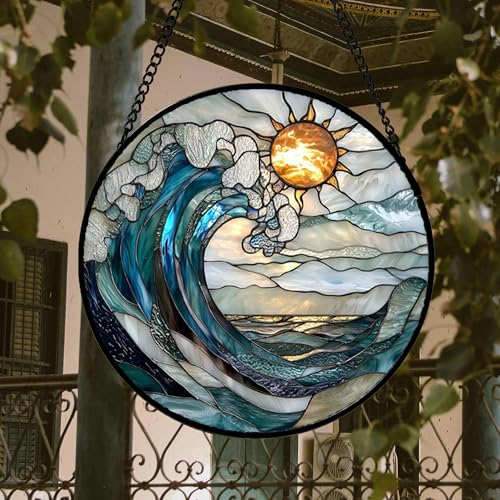 DASTOLL Blue and White Waves Stained Glass Window Suncatcher 14.9x14.9 Inch Gift