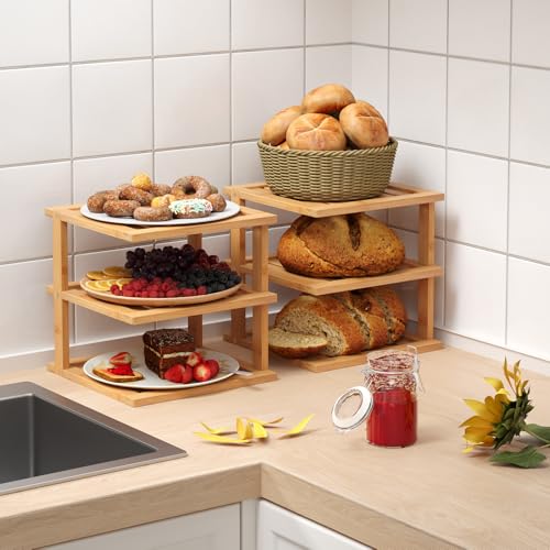 2 Pack 3-Tier Bamboo Corner Shelf - Kitchen Cabinet & Pantry Organizer