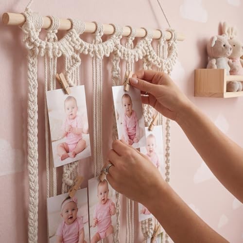 Macrame Hanging Photo Display with 30 Clips, Boho Wall Art Decor