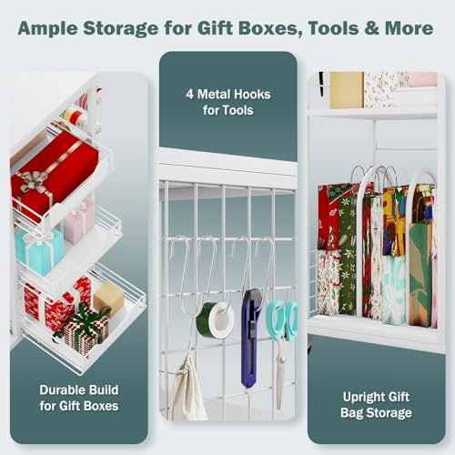 Rolling Wrapping Paper Organizer Cart with Wheels and Drawers