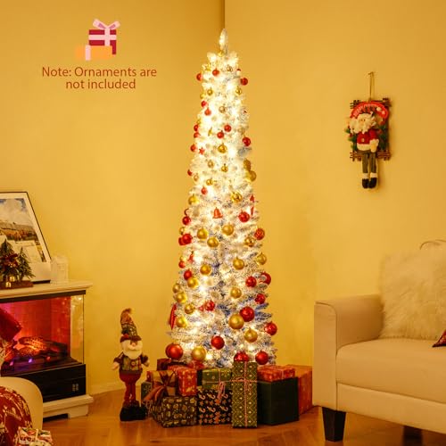 6 FT Pre-Lit Flocked Pencil Christmas Tree with 220 Warm White LED Lights
