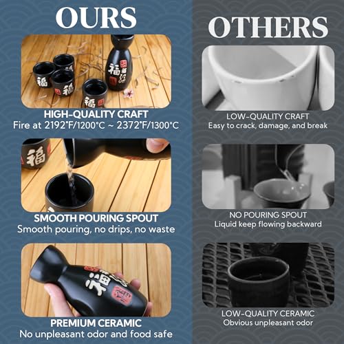 PUNNIO Ceramic Sake Set - 4 Cups & Carafe, Traditional Japanese Drinkware