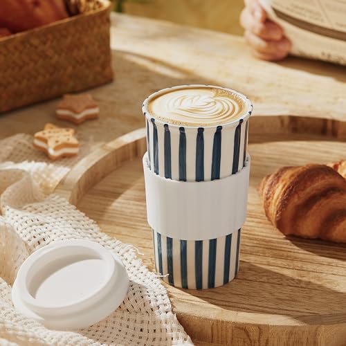 Blue Ceramic Travel Mug 12oz with Spill-Resistant Lid - Aesthetic Coffee Cup for On-the-Go