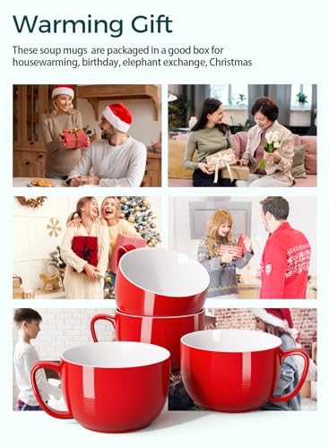 Teocera Red Mug Set of 4 - 24oz Jumbo Coffee Cups with Striped Design, Microwave Safe, Large Handle, Holiday Gift