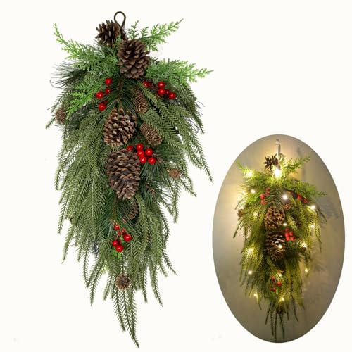 27.6-Inch Pre-Lit Christmas Teardrop Swag with Warm LED Lights & Pinecones