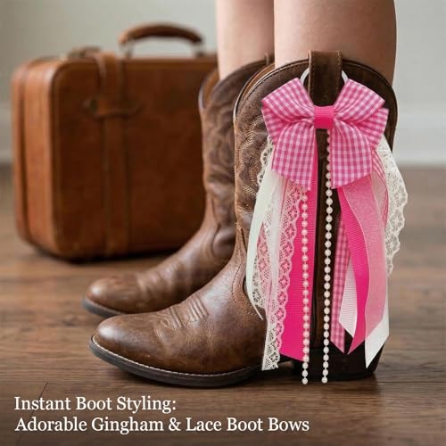 Pink Plaid Cowboy Boot Charms - Layered Ribbon Bow Boot Decor (2 Pcs)