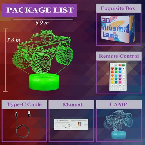 3D Monster Truck Night Light with 16 Colors and Remote Control