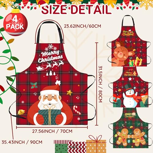 FunChaos 4 Pack Christmas Chef Aprons for Women & Men Plaid Waterproof Kitchen Bibs