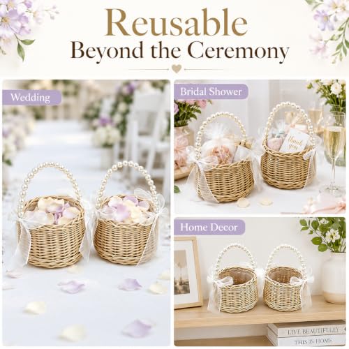 Wicker Flower Girl Basket Set of 2 with Pearl Handle & Bow for Weddings
