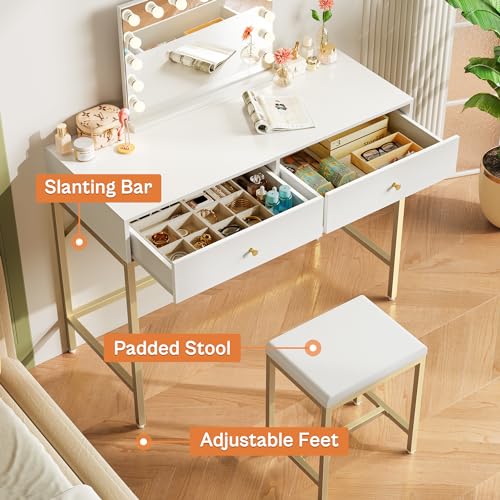 Modern 35.4-Inch Writing Desk with 2 Drawers and Padded Stool