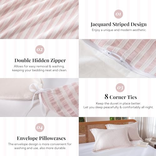 Pink Boho Jacquard Striped Queen Duvet Cover Set - 100% Washed Cotton, 3 Piece