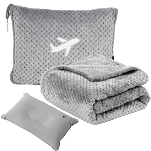 Travel Blanket Set with Inflatable Pillow & Carry Bag - Compact & Soft