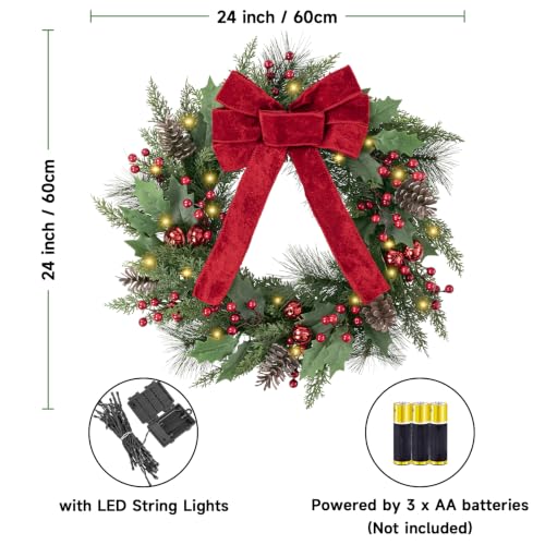 24 Inch Red LED Christmas Wreath Front Door, 50 Lights, Battery Powered