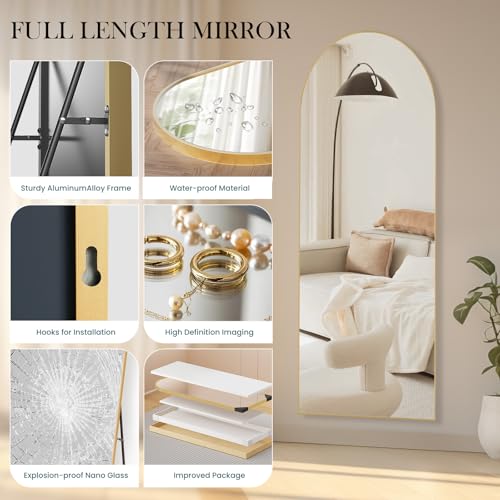 64" x 21" Arched Full Length Floor Mirror, Aluminum Alloy Frame