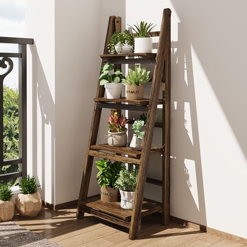 4-Tier Foldable Solid Wood Ladder Shelf, Portable Bookshelf & Plant Stand