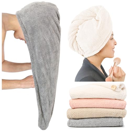 ROLSHOL 4 Pack Extra Large Microfiber Hair Towels Wraps for Women - Beige, Pink, Gray, Khaki