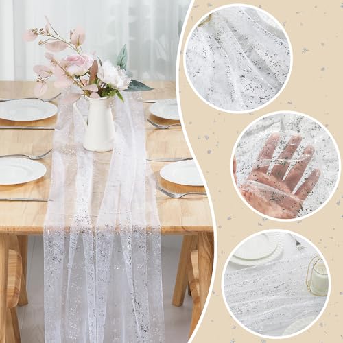 NookZuzu 10 Ft Silvery Sequin Table Runner Set - 3 Pieces, 27.5 x 120 Inches