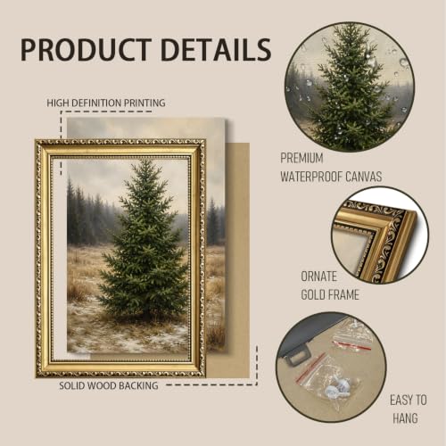 A-Tree Framed 10x8 Vintage Gold Christmas Tree Wall Art — Rustic Winter Canvas Print