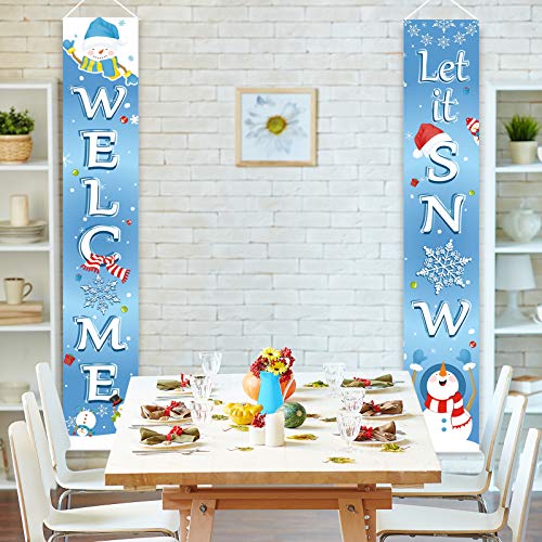 Blulu Let It Snow Welcome Front Door Porch Sign - Christmas Decoration Banner (Light Blue)