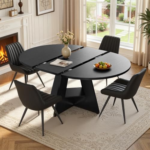 Extendable Round to Oval Dining Table Set with 4 Upholstered Chairs