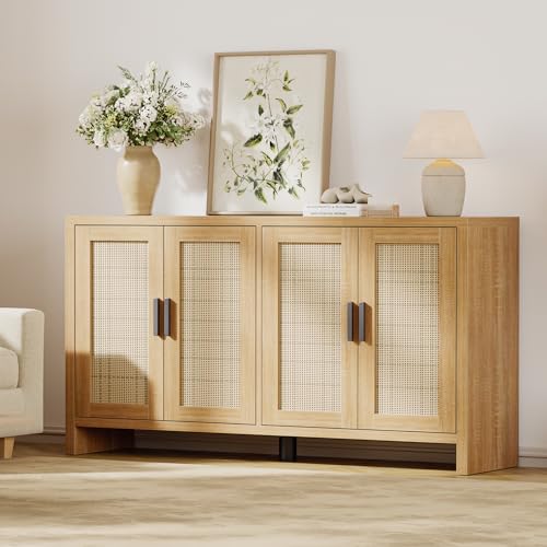 Rattan Buffet Cabinet with 4 Doors, Farmhouse Sideboard Storage Credenza