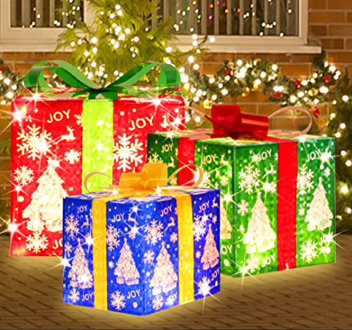 LAMPHOME 70 LED Lighted Gift Boxes Set of 3 — Snowflake Pattern Warm White with Flasher