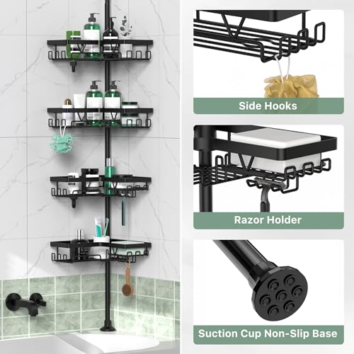 4-Tier Corner Shower Caddy Tension Pole, Adjustable Rustproof Storage Shelf