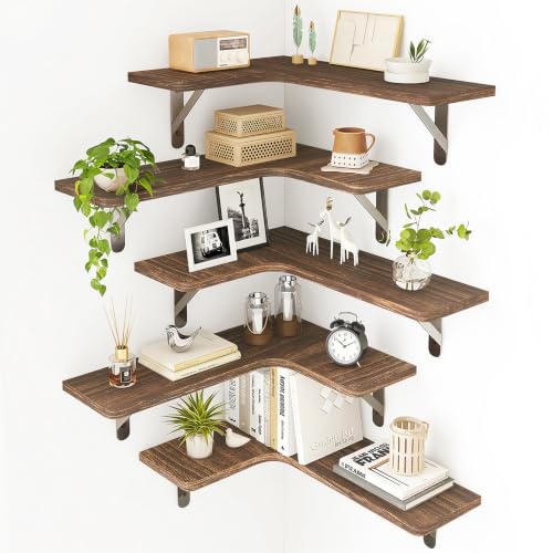 5-Piece Corner Floating Shelves, Solid Wood Wall Shelves with Metal Brackets