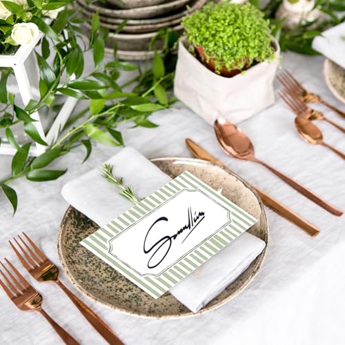 100 Pcs Sage Green Striped Tented Place Cards for Wedding Table Settings