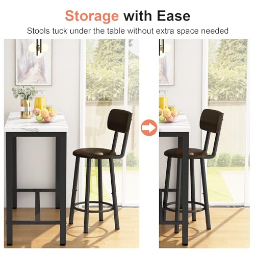 3-Piece Faux Marble Pub Table Set with 2 Backrest Stools for Small Spaces