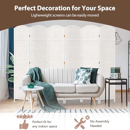 6-Panel Folding Room Divider, Freestanding Woven Privacy Screen, Off-White