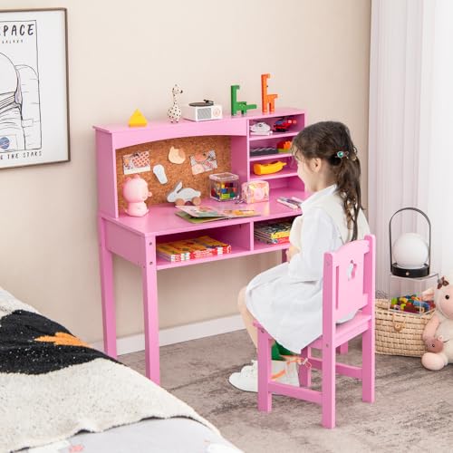 Kids Study Desk and Chair Set with Storage Hutch and Bulletin Board - Pink