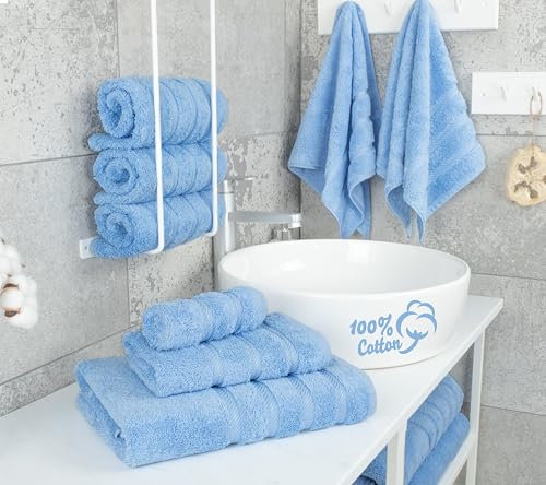 Turkish Luxury Cotton Towel Set with Sky Blue Accents - 6 Piece Bath & Hand Towels