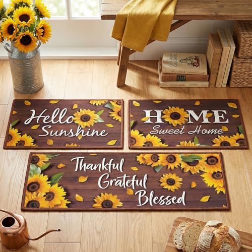 3-Piece Sunflower Kitchen Rug Set - Non-Slip Washable Farmhouse Floor Mats