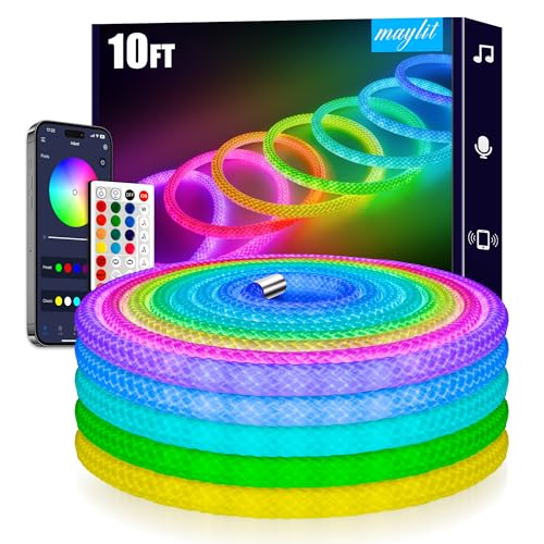 10ft USB LED Rope Lights, 360° RGB Music Sync Neon Lighting for Gaming Rooms