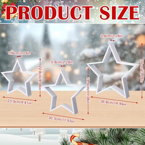 3 Pack Wooden Star Christmas Decor with LED Lights - Rustic Farmhouse Style