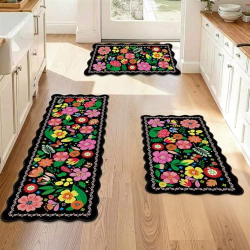 3-Piece Floral Kitchen Rug Set, Washable Boho Farmhouse Area Mats