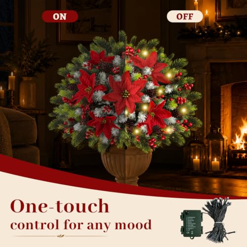 2 Pieces Christmas Urn Filler with Pre-Lit Artificial Poinsettia & Lights