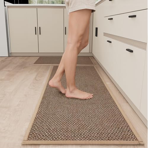 SUMLANS Brown Kitchen Mat Set of 2, 17.3x47 & 17.3x30 Inches, Non-Slip Washable Rugs