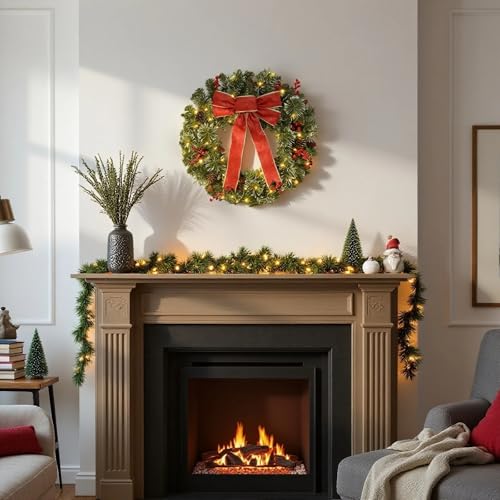DiliComing 24 Inch Pre-Lit Christmas Wreath with White Lights for Front Door, Outdoor Decor