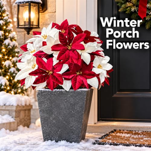 Unlemoni 24 Pcs Artificial Christmas Poinsettias - Red & White Holiday Floral Decor
