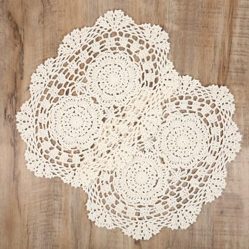 Beige Crochet Doilies 2-Piece Oval Runner Placemats Set — Handcrafted Cotton Lace Coasters